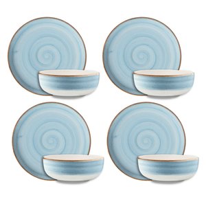 Conjunto Pratos Fundo Sobremesa Cerâmica Caoba Azul 8 Peças