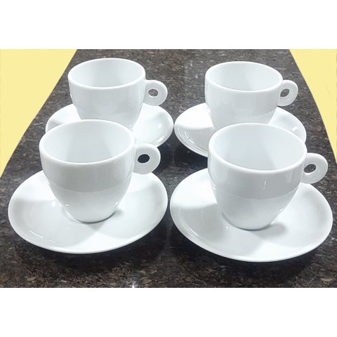 Kit Jogo 4 Xícaras Café, Chá 200ml Cônica com Pires - Porcelana Branca