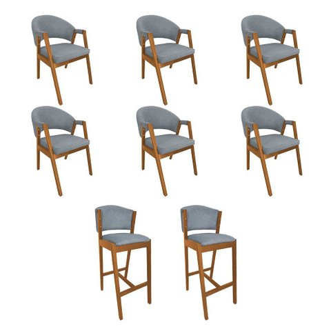 Kit 6 Cadeiras de Jantar Helen Madeira Maciça com 2 Banquetas Ana Cerejeira Premium Linho Cinza