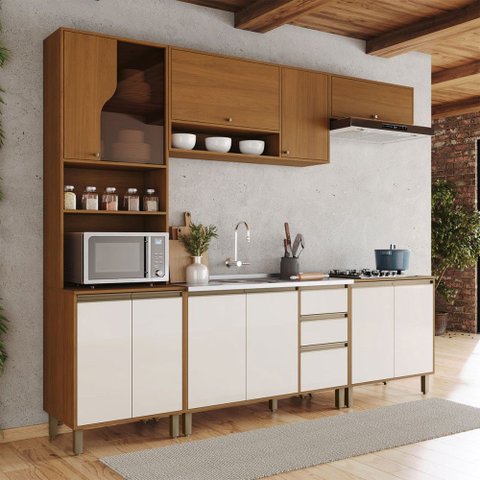 Cozinha Completa Venaly 12 Portas 2 Gavetas com Vidro CEC176 Cinamomo/Off White - Henn