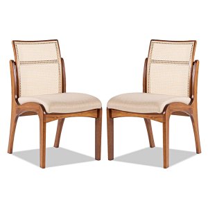 Kit 2 Cadeiras de Madeira com Encosto em Rattan Lisboa Linho Bege M58 Rmi