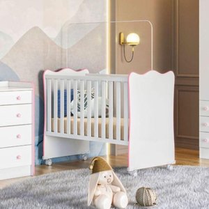 Berço Quarto Infantil com Suporte de Mosquiteiro Cor:branco Rosa