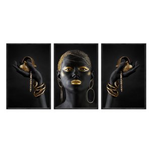 Kit 3 Quadros Decorativos 40x60cm Canvas Mulher Dourada com Joias Art036