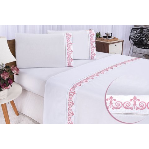 Jogo lençol Atenas quarto casal Queen bordado 4 peças 2fronha: Branco com Rose