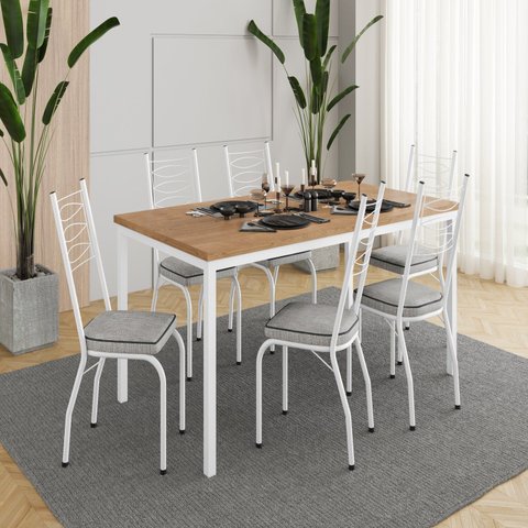 Conjunto Sala de Jantar Mesa Retangular Tampo BP com 6 Cadeiras Adriana Branco/Grafiato