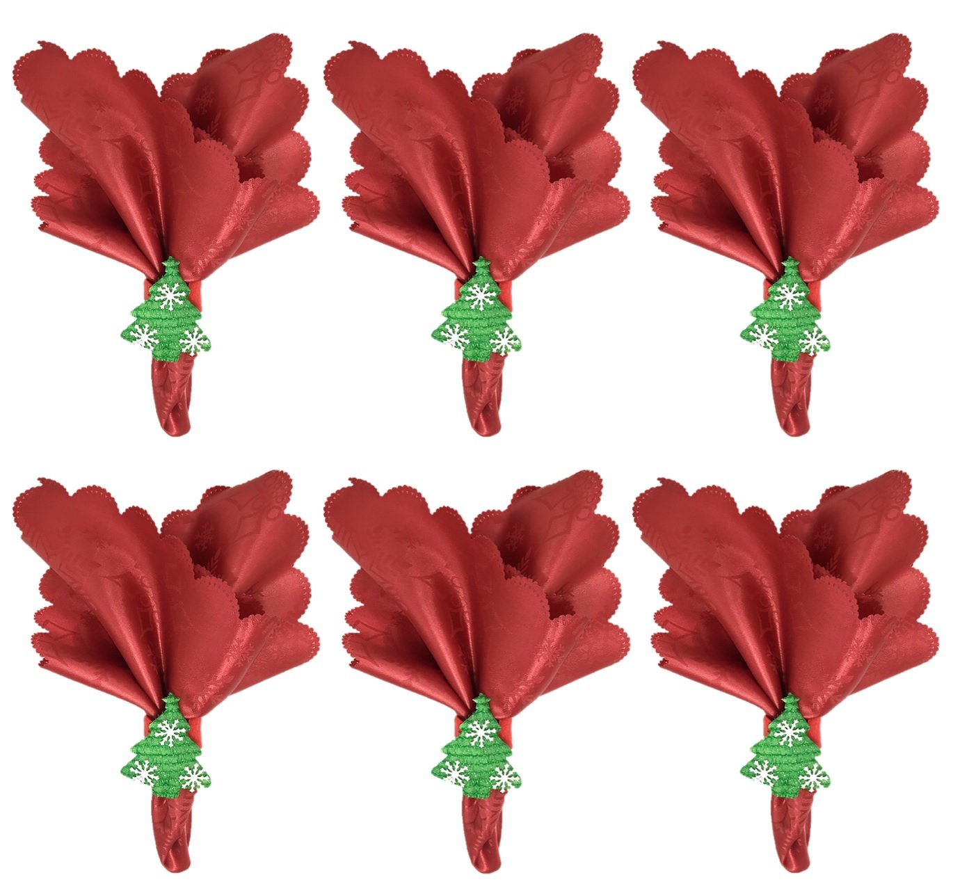 Jogo Guardanapo Tecido Vermelho Decorado Bico de Papagaio e Argola Mini Pinheiro Natal 6 Unidades - 