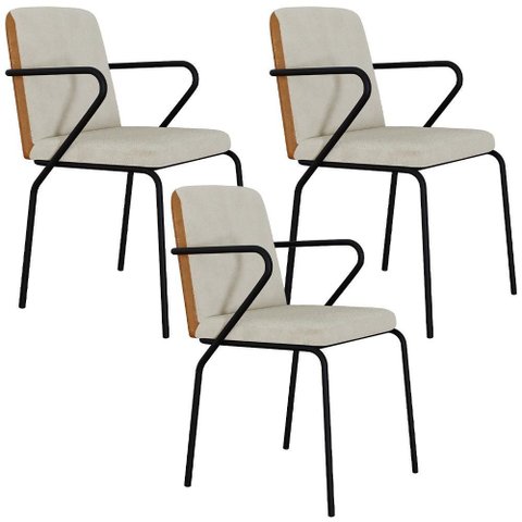 Kit 03 Cadeiras Estofada para Sala de Jantar com Braço Loft Preto C01 Bouclê Vanilla Courino