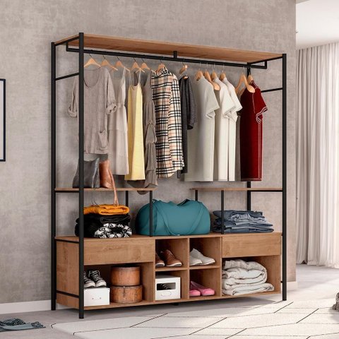 Guarda Roupa Casal Belela Industrial sem Porta 2 Gavetas MDP Preto Demolição Artefamol Móveis
