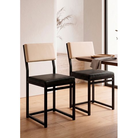Cadeira Jantar Estofado Aço Preto Kit 2 Cadeira Bossa - Preto e Bege