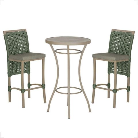 Mesa Bistrô e 2 Banquetas Roma Fendi Corda Estofado 7 Trama Verde