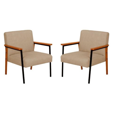 Kit 2 Poltronas Fontana Couro Bege Base em Madeira com Metal Preto