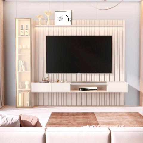 Painel para TV até 84 Polegadas Ripado com LED e Vidro Reflecta 100% 100% MDF 219CMX269CM Vitoria Regia Yescasa Off White