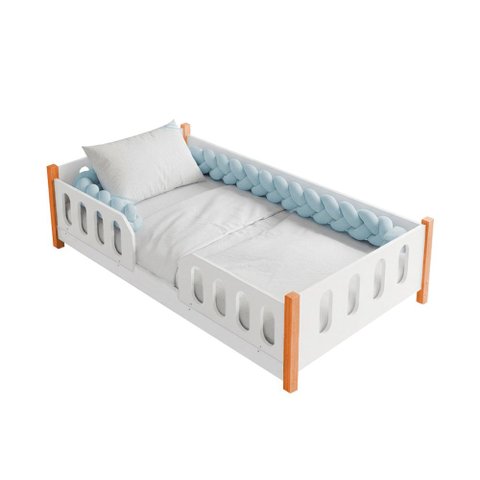 Cama Infantil Montessoriana Melissa Completa com Colchão e Enxoval e Trança Azul Grade Luminária LED