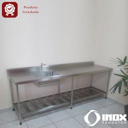 Pia Inox com Prateleira Gradeada e 01 Cuba - Modelo 02 - Inox 430 - 190x70x90 Cm - Cuba 60x50x30 Cm - 7