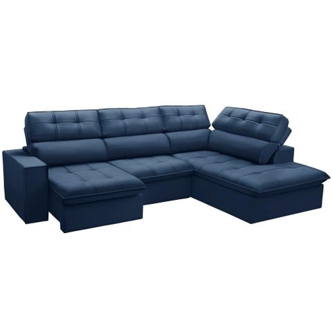 Sofá 4 Lugares Retrátil Reclinável Chaise Direito 288cm Solin F04 Veludo Azul - Lyam Decor