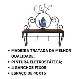Cantinho do Café Prateleira Artesanal em Ferro e Madeira com 4 Ganchos 40x15:azul - 4