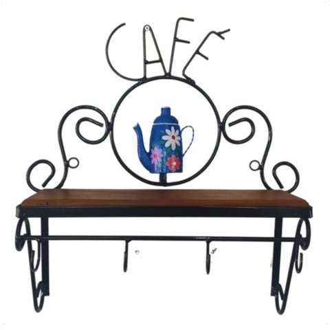 Cantinho do Café Prateleira Artesanal em Ferro e Madeira com 4 Ganchos 40x15:azul