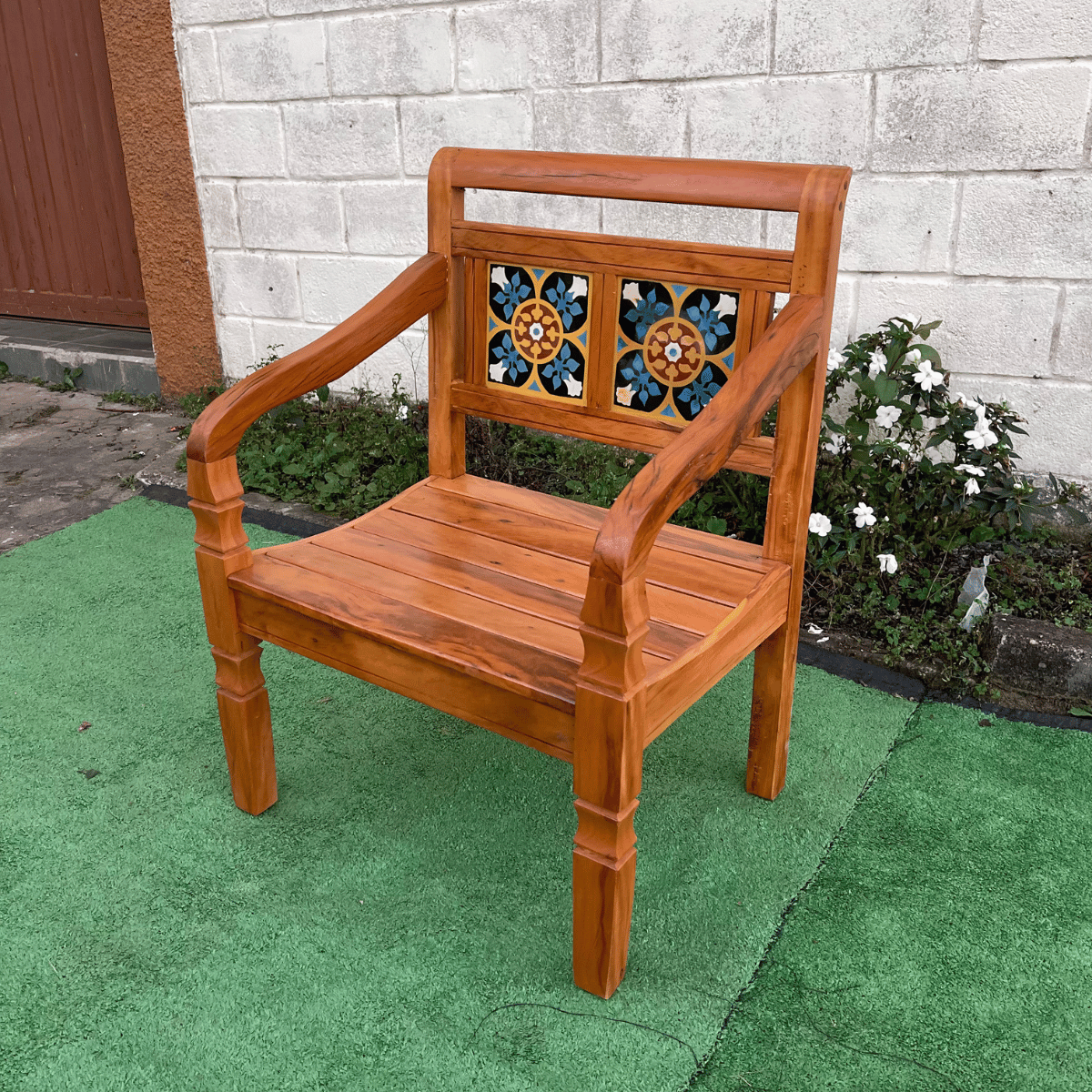 Banco Poltrona Ladrilho Azul Madeira Peroba Rosa Sudeste Rústico - 5