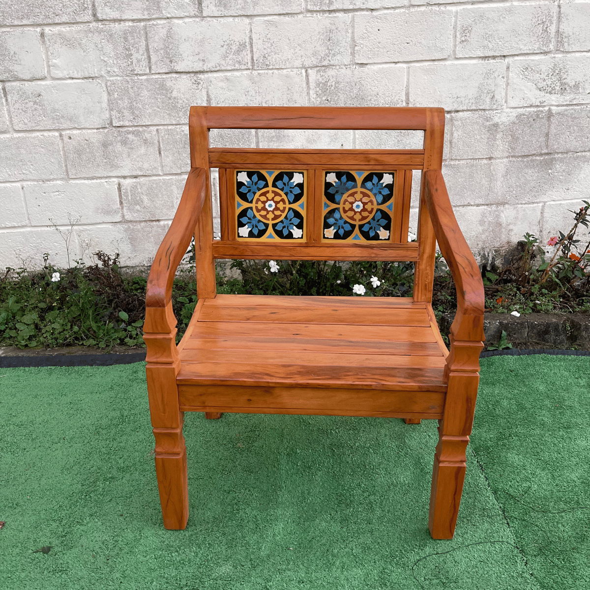 Banco Poltrona Ladrilho Azul Madeira Peroba Rosa Sudeste Rústico - 4