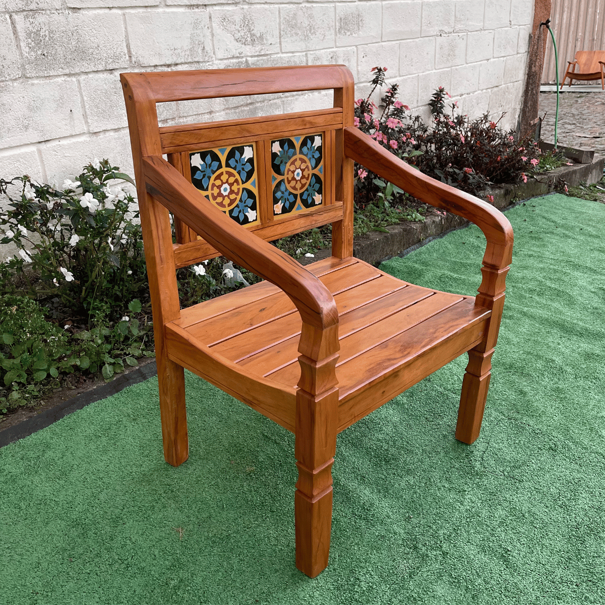 Banco Poltrona Ladrilho Azul Madeira Peroba Rosa Sudeste Rústico - 6