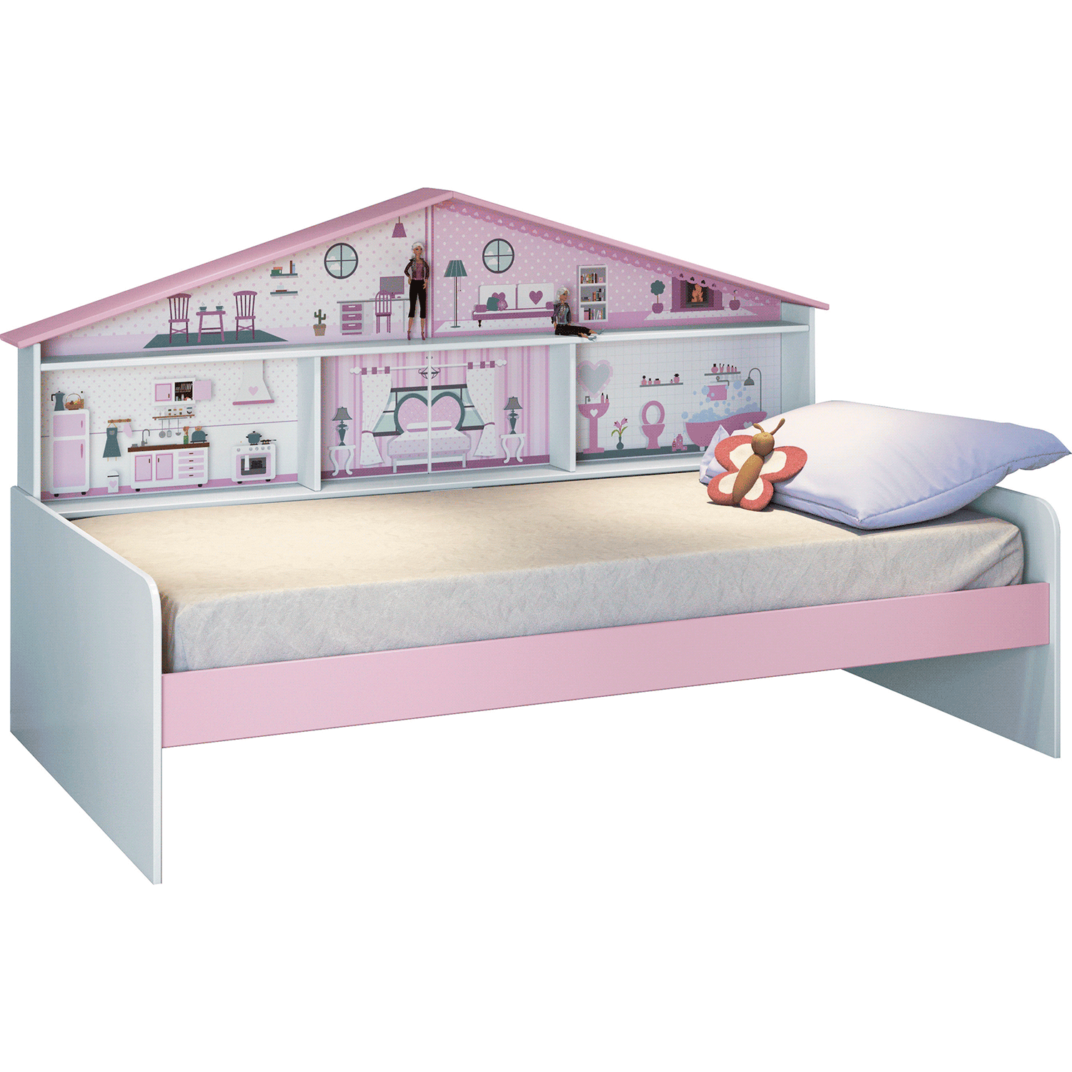 Cama Juvenil/Infantil Com Casa Branco Rosa - Leartam - 2