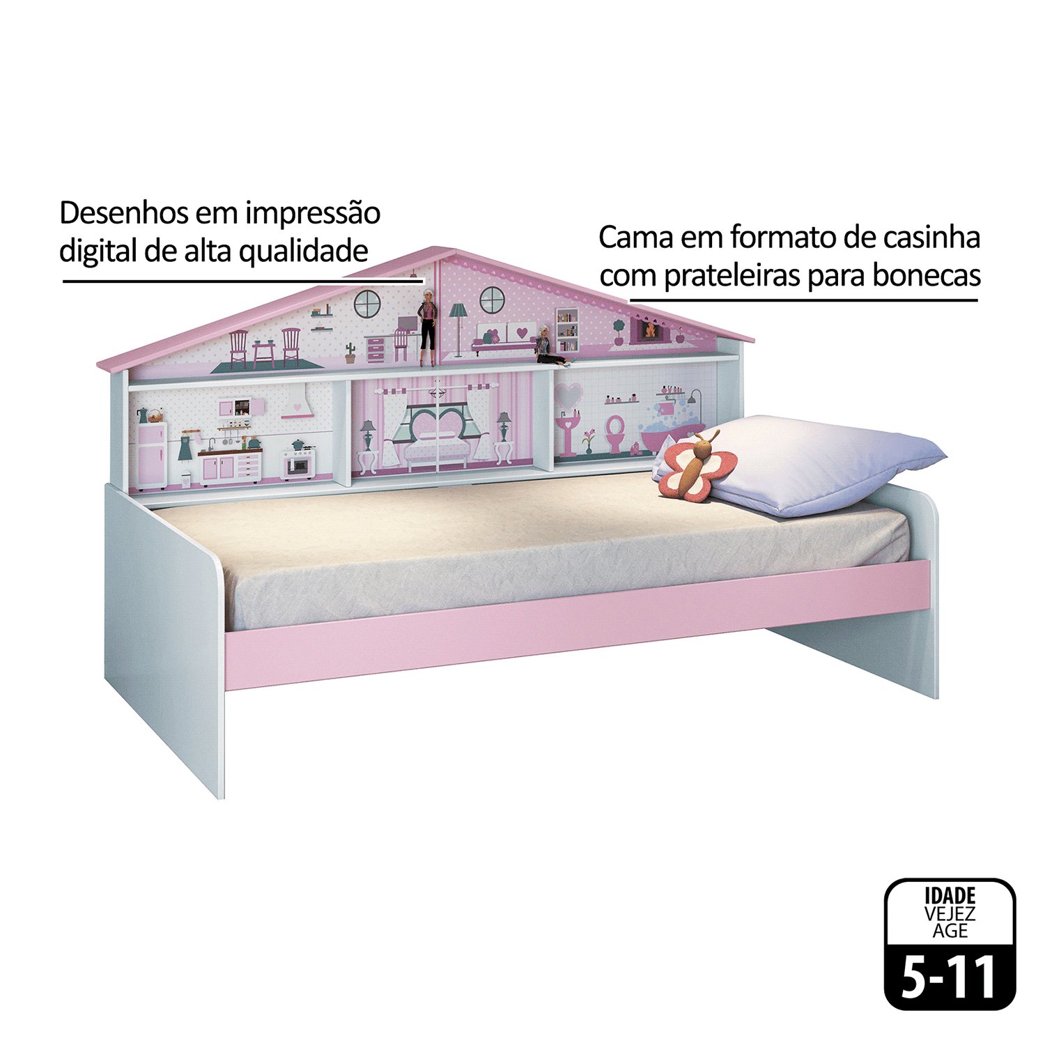 Cama Juvenil/Infantil Com Casa Branco Rosa - Leartam - 4