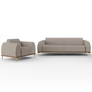 Kit Sofá 3 Lugares Sala Estar 180cm com Poltrona Molino Pés D'ouro D02 Linho Bege C-107 - Lyam