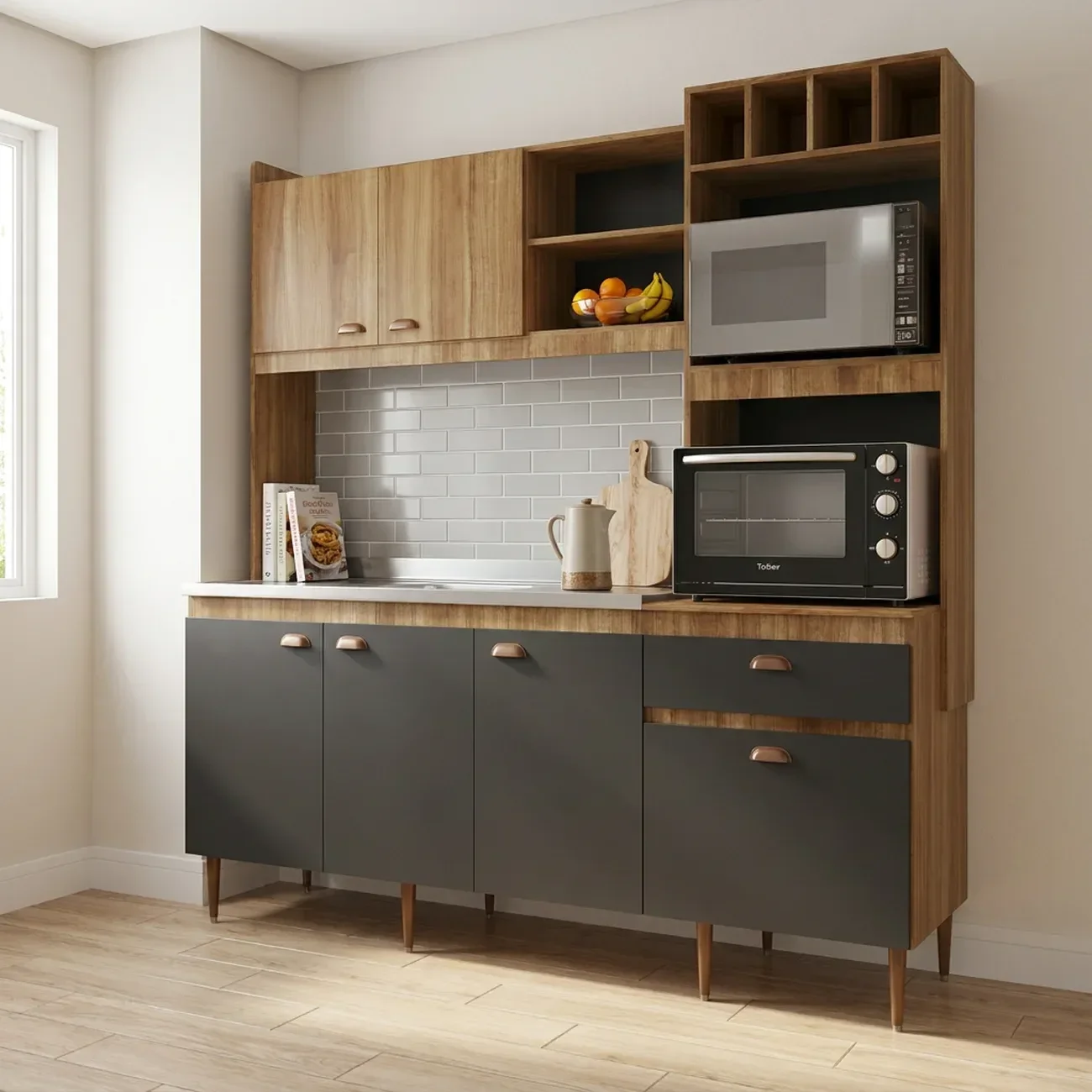 Cozinha Compacta 185cm com 6 Portas e 1 Gaveta Mira Marrom Nogal/Grafite