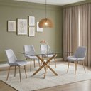 Ver imagem 1 de Conjunto Mesa de Jantar Lara 160cm Vidro 10mm Base Aço Carbono Bronze com 4 Cadeiras em Linho Cinza
