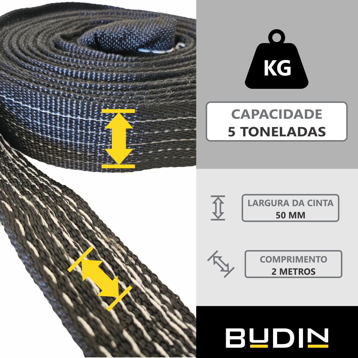 Cinta Fita para Reboque e Arraste Budin - 5 Toneladas - 2 Metros - Manilha 1/2 - Para Puxar Carros,  - 3