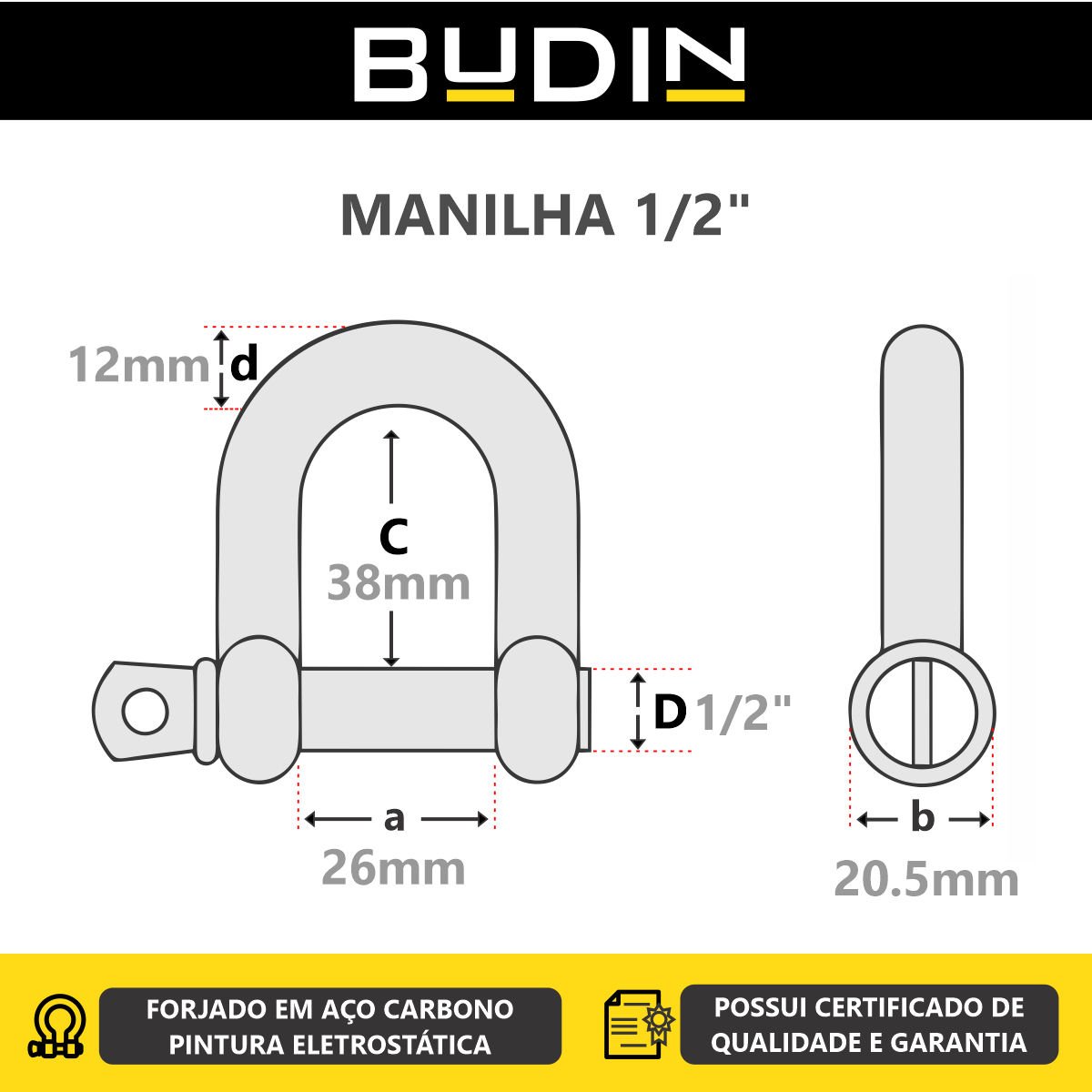 Cinta Fita para Reboque e Arraste Budin - 5 Toneladas - 2 Metros - Manilha 1/2 - Para Puxar Carros,  - 2