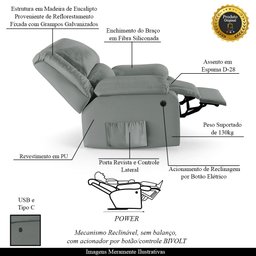 Poltrona do Papai Reclinável Sala de Cinema Madrid Power Elétrica USB PU Cinza G23 Gran Belo - 3