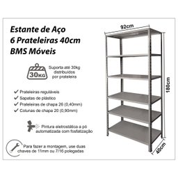 Estante de Aço 6 Prateleiras 40cm Cinza 30kg por prateleira - 2