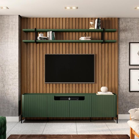 Rack Brise e Painel Ripado 240cm com Prateleira 100% Mdf Cor:louro e Musgo com Preto