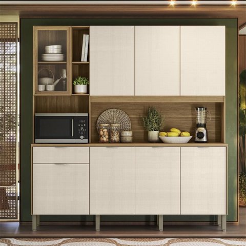 Armário de Cozinha Compacto Kits Paraná Nature 8 Portas 1 Gaveta Nicho Decorativo 1,94m - Freijó/