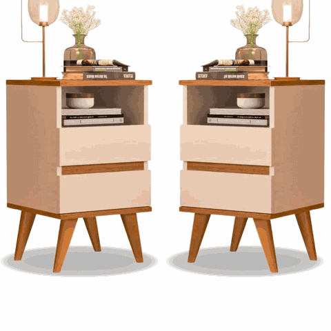 Kit 2 Mesas de Cabeceira Quarto Apoio Lateral Cama Box Casal Estilo Retrô Pop 2 Gavetas Offwhite