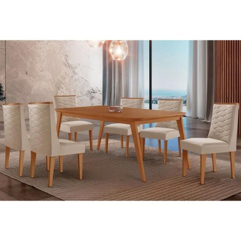 Conjunto: Mesa de Cozinha Havana Tampo Curvo 180cm+6 Cadeiras Dafne Madeira Naturale - Capuccino/