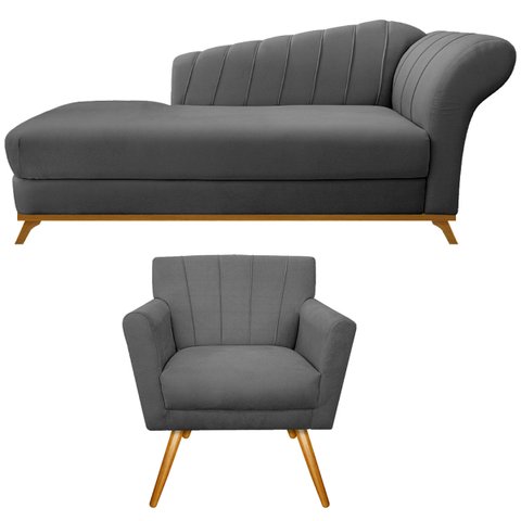 Kit Diva Recamier Vanessa 160cm Lado Esquerdo e 01 Poltrona Laura Suede Adj Decor Cinza