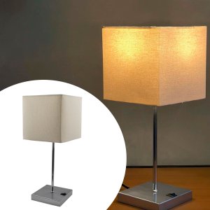 Abajur de Mesa Quadrado Escovado com Interruptor com Cúpula Bege para Sala, Quarto e Cabeceira Cama