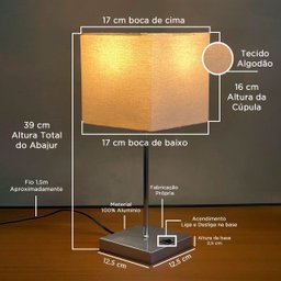 Abajur Luminária Quadrado de Mesa Quarto ou Sala Escovado com Interruptor com Cúpula Bege - 3