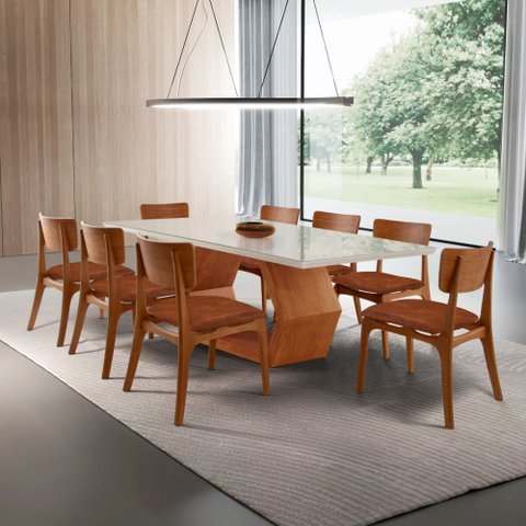 Sala de Jantar Mesa Ane 220cm Tampo Laqueado com Vidro Canto Moeda e 8 Cadeiras Viena Gold