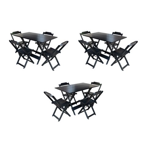 Kit 3 Jogos de Mesa Dobravel com 4 Cadeiras de Madeira 120x70 para Restaurante e Bar - Preto