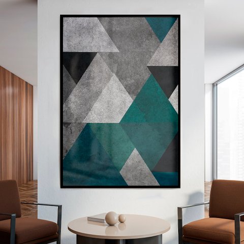 Quadro Decorativo Geométrico Cinza, Azul e Preto em Moldura Caixa Tacolado Moldura Trad 1cm Branca C
