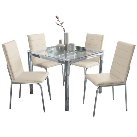 Conjunto Sala de Jantar 4 Cadeiras Mesa Tampo de Vidro Bege