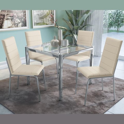 Conjunto Sala de Jantar 4 Cadeiras Mesa Tampo de Vidro Bege
