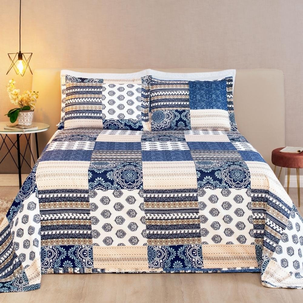 Cobre Leito Arezzo King 3 Peças - Patchwork Azul