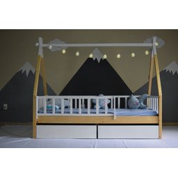 Mini Cama Gavetas Cabana Montessoriana Madeira Maciça Pinus - Grade Cercadinho Completa - Branco - 1