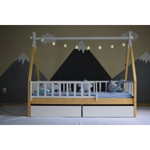 Mini Cama Gavetas Cabana Montessoriana Madeira Maciça Pinus - Grade Cercadinho Completa - Branco