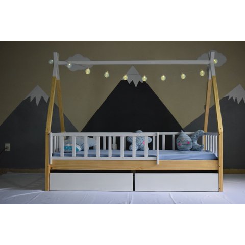 Mini Cama Gavetas Cabana Montessoriana Madeira Maciça Pinus - Grade Cercadinho Completa - Branco