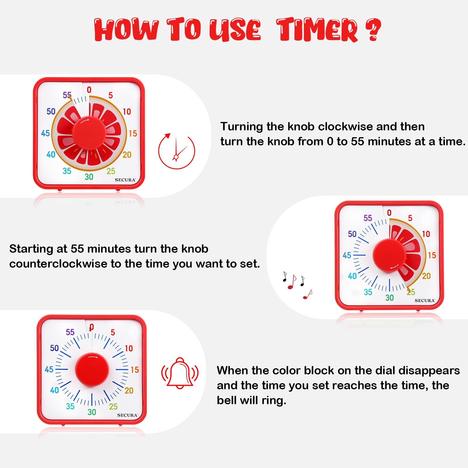 Secura Timer Visual de 60 Minutos com Ímã para Crianças, Design Fruta (toranja) - 3